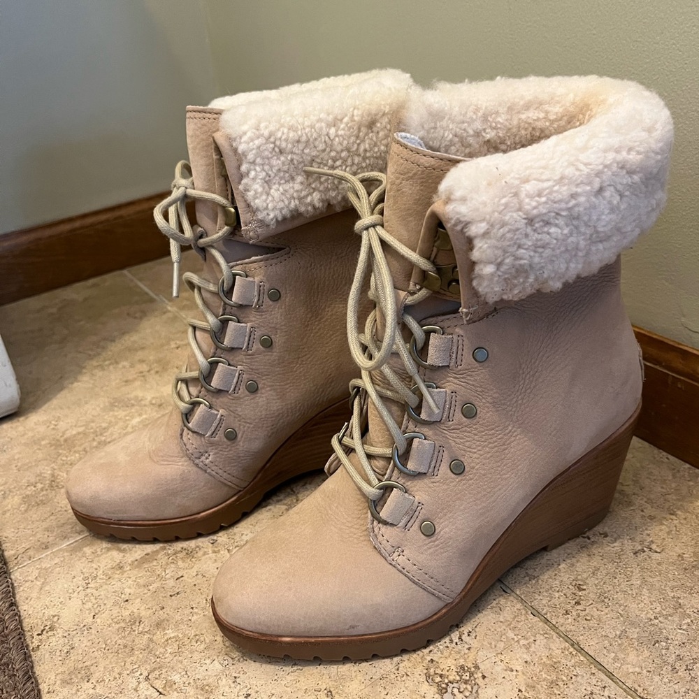 Sorel After Hours Lace Up Shearling Wedge Boots